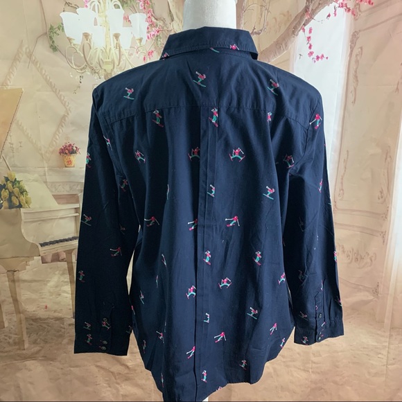 NEW Talbots Navy Embroidered Ski Print Button Down Shirt - Picture 7 of 10